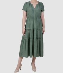 NY Collection Women&rsquo;s Green Pintuck Tiered Split Neck Dress Petite Size PL