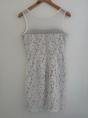 Lulus M White Floral Lace Mesh Wide Strap Round Neck Mini Bodycon Dress Side Zip