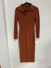 Rust Ribbed Knit Collared Midi Sweater Dress | Long Sleeve Bodycon Fall Dress Sz