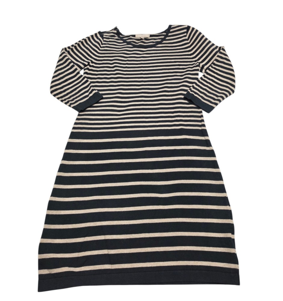 Banana Republic Black Beige Striped Cotton Sweater Dress Scoop Neck 3/4 Sleeve S