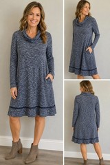 CHRIS McLaughlin Womens Size 12 Blue Space Dye Knit Dress Cowl Neck Pockets