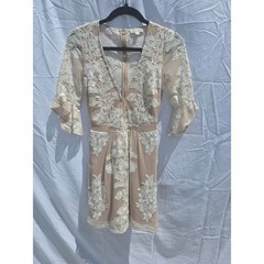 For Love & Lemons Nude Floral Embroidered Mesh Mini Dress XS Lace Bell Sleeve