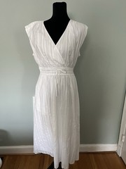 Talbots Petite 8P White Solid Wrap Midi Dress V-Neck Sleeveless Woven Lined
