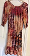 MII KNEE LENGHT SZ M DRESS ORANGE IVORY BLACK BROWN 3/4 SLEEVES ELASTIC HIPS