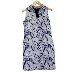VILAGALLO Palm Leaf Embroidered Shift Dress Navy White Linen Blend Sz 6 Resort