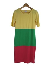 LuLaRoe Julia Dress Small Green Yellow Red Stripe Pencil Bodycon Stretch Jamaica