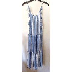 Blue Island Tiered Maxi Dress Women Sz S Blue White Striped Tassel Boho 5926-203