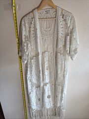Jealous Tomato S/M Ivory Crocheted Cover Up or Kimono Fringe Trim Boho Resort