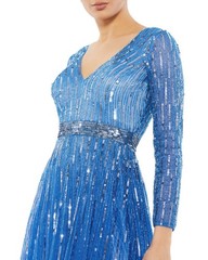 Mac Duggal Light Blue Sequin Tea-Length V-Neck Long Sleeve Formal Dress 22 *NOTE