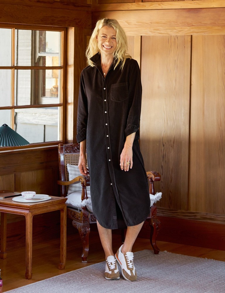 Frank & Eileen RORY Chocolate Brown Italian Corduroy Wale Maxi Shirt Dress Sz M