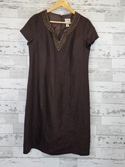 Chicos Vintage 100% Linen Beaded Shift Dress 0.5 US 6 Small Chocolate Brown