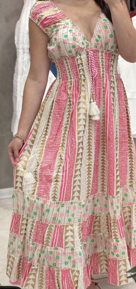 BoHo Vibrant Pink and Gold Patterned Midi Dress