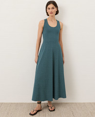 PACT Organic Fit & Flare Open Back Maxi Dress Ditsy Dot Floral Deep Aqua