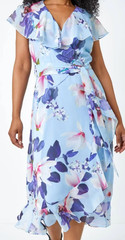 ROMAN Size 18 Petite Gorgeous Floral Maxi Dress Blue Frill Hem Cruise VGC, Clean