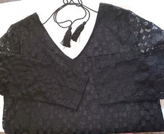 Velzera mini flare dress, loose lace, gathered ruffle, v-neck, long sleeves.