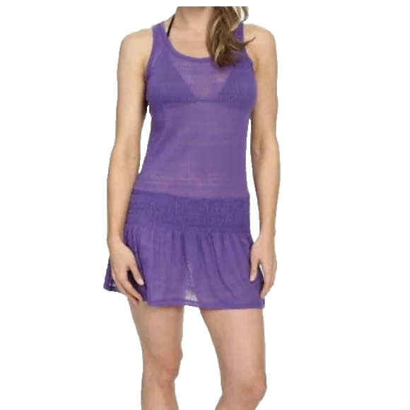 praNa Zadie Small Purple Smocked Waist Dress Swim Cover Stretch Sheer Outdoor