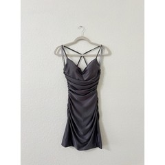 La Femme Gray Satin Ruched Open Back Mini Cocktail Dress Size 2