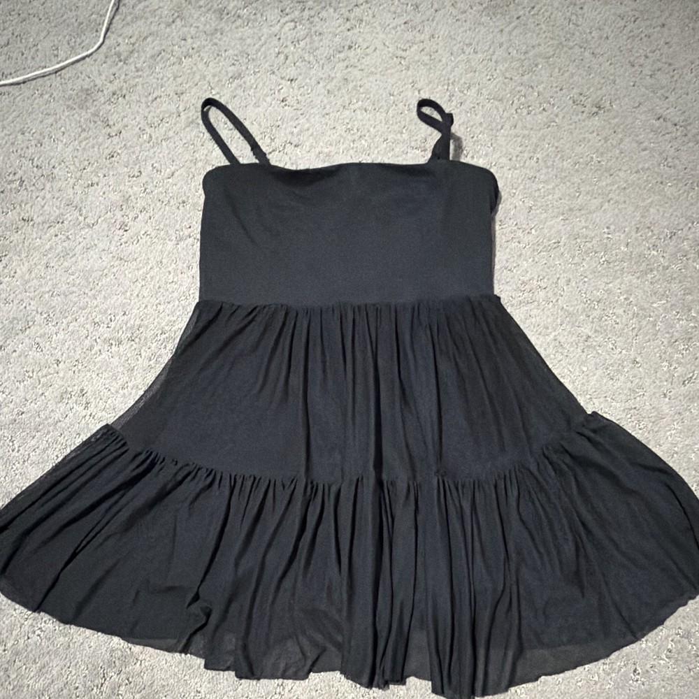 Blogilates Women’s S Black Solid Square Neck Strappy Tiered Mini Dress Shorts