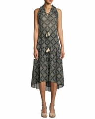 Figue Babriella Ruffle Black Sleeveless Printed Silk Georgette Dress Tassel S