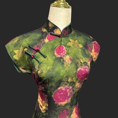 Peony Pond Cheongsam Qipao Oil Paint‑Wash Water Vintage Hourglass Fit M L XL