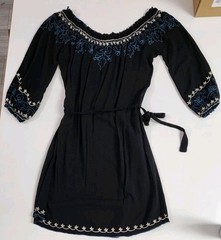 Sz M Lucky Brand Embroidered Black Off-shoulder Dress w Belt Boho Hippy Cowgirl