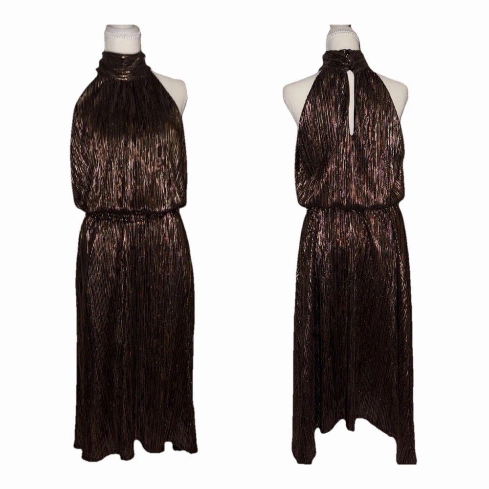 Veronica M Brown Metallic Pleated Halter Midi Dress Women&rsquo;s Size M/L Event