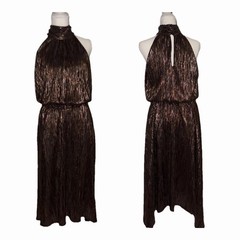 Veronica M Brown Metallic Pleated Halter Midi Dress Women&rsquo;s Size M/L Event
