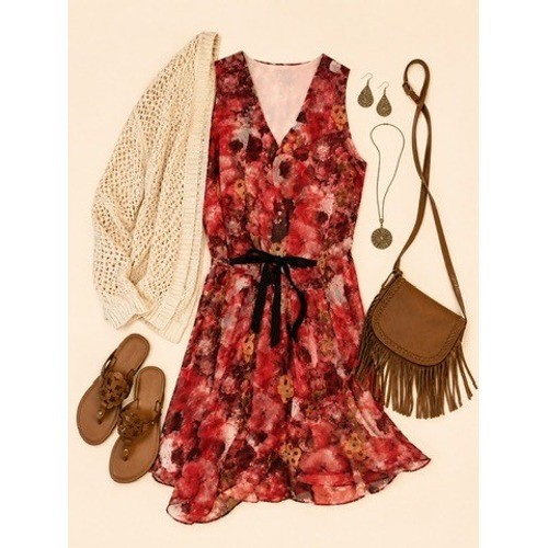 NWT Sundance, Women&rsquo;s, Red Floral, Silk, V-Neck, Tie Waist, Dress Size 10