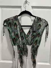 NALI COLLECTION NWT Green White Lightweight Smocked Peacock Maxi Dress SZ LARGE