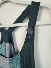 Handmade Linen Maxi Dress Teal Patchwork Pinafore Lagenlook Boho Artsy Artisan
