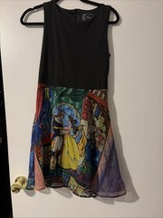 Disney Women medium Beauty and Beast Stained Glass Skater Dress Black Sleeveless