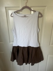Aritzia XL White/Brown Colorblock Sleeveless Cotton Knit A-Line Mini Dress