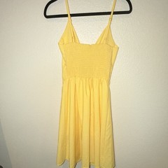 ECOWISH Yellow Solid V-Neck Spaghetti Strap Button Front Tie Knee Dress S