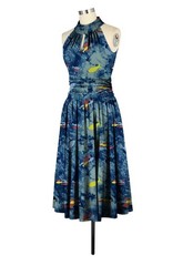 L VTG NOVELTY BLUE FISH KEYHOLE NECKLINE RETRO CRUISE FIT n FLARE UNIQUE DRESS