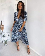 AX PARIS Ecru Blue Animal Brushstroke Print Puff Sleeve Midi Wrap Dress size 10