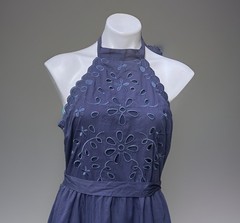 Lulus Blue Halter Dress Backless Belted Zips Back Ties At Neck Embroidered Large