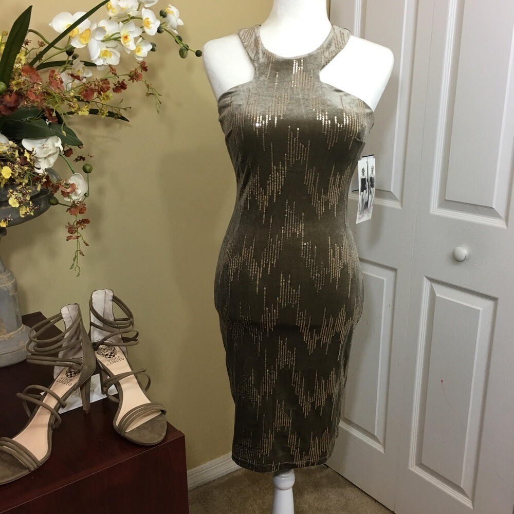 Honey & Rosie Sequin Sleeveless Keyhole Cutout Bodycon Dress Olive Green S