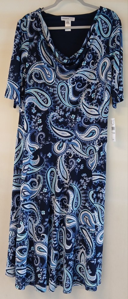 Beautiful black background dress with Navy/Aqua print by Robbie Bee size XLG New