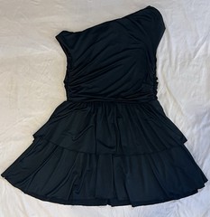 Black One Shoulder Ruched Stretch Mini Dress Tiered Ruffle Party Womens 1X