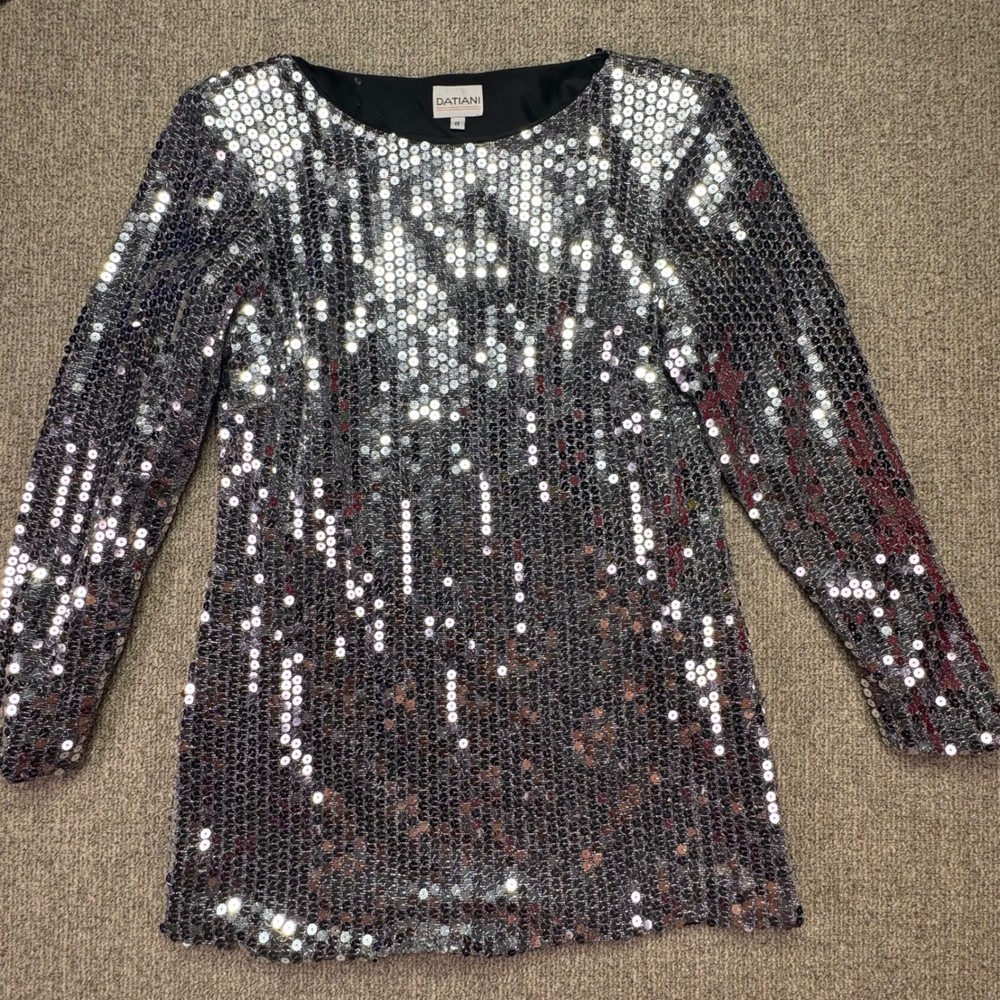 Vintage Datiani Silver Sequin Long Sleeve Mini Dress Size 8 Party Disco USA EUC