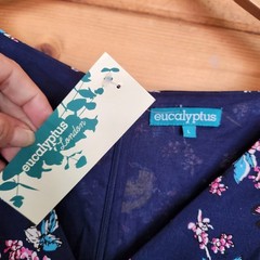 Eucalyptus NWT Bird Print Blue Pink Floral Fit Flare Dress Surplice Pleated Sz L