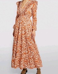 Maje Maxi Dress Sz US 2 4 EU 36 Small Orange 100% Cotton Paisley Print Ruffle