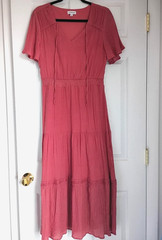Luxology Tiered Coral Midi DRESS Boho Smocked Waist Bow Flutter Women’s Medium M