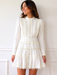 Layered with Love White Long Sleeve Button Front Pom Pom Smocked Mini Dress M