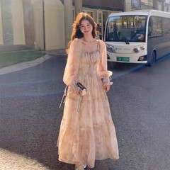 Womens Floral Chiffon Maxi Dress Square Neck Long Puff Sleeve Smocked Boho Fairy