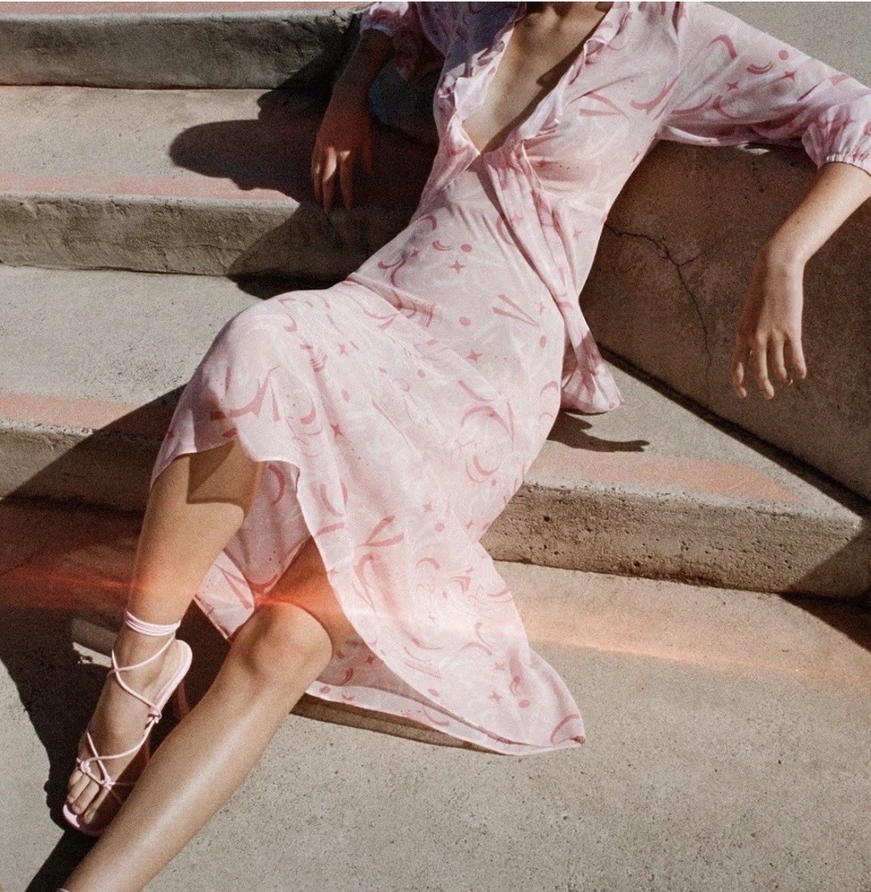 Scanlan Theodore 2 piece cross front silk long sleeve dress in blush size S/UK8