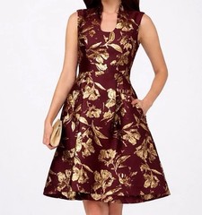 Adrianna Papell Womens 16 Plum Gold Floral Jacquard Fit Flare Dress NWT
