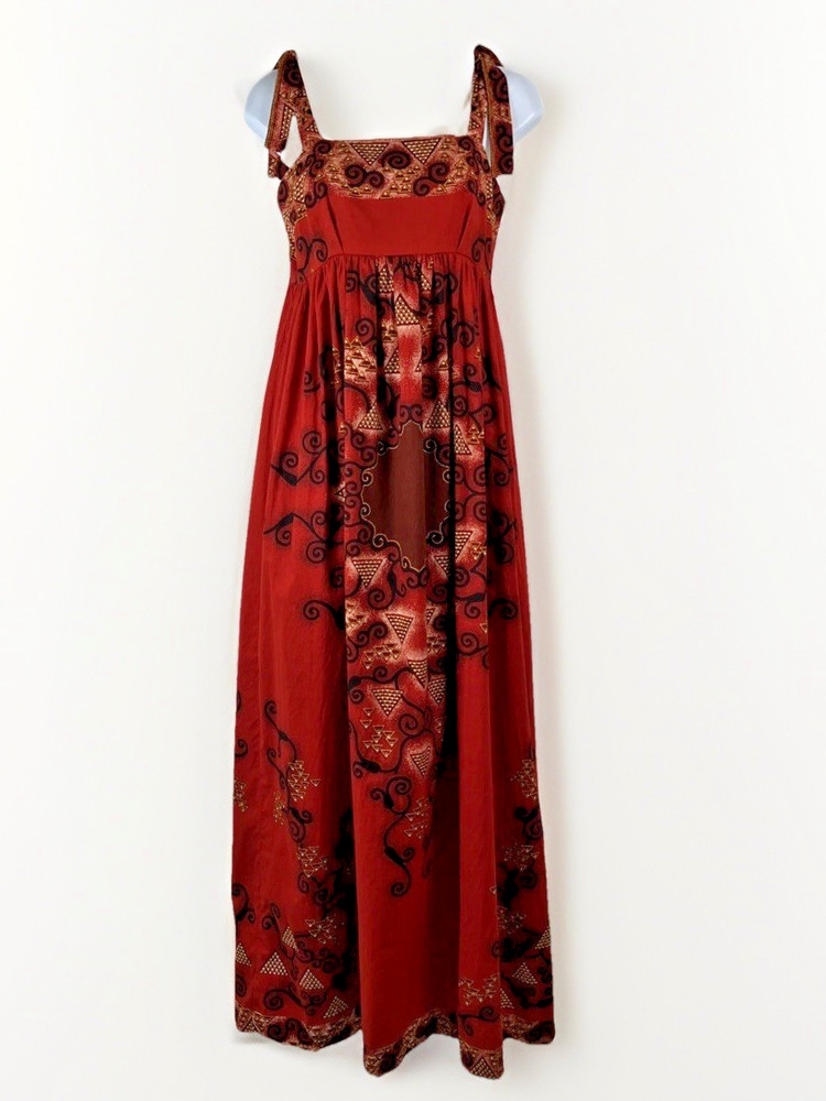 Vtg Tropical Maxi Dress Womens M Red Head Scarf Tribal Aruba *Read Measurements*