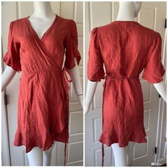 Honorine Edie Linen Ruffle Wrap Mini Dress Terracotta European Summer Boho Chic