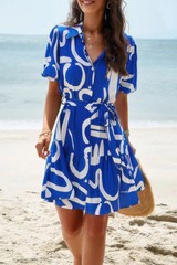 Random Print Button Down Belt Ruffle Midi Dress
